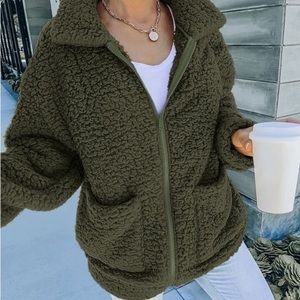Zip Olive green Women’s Winter Warm Teddy Bear Coat Ladies Fleece Fluffy